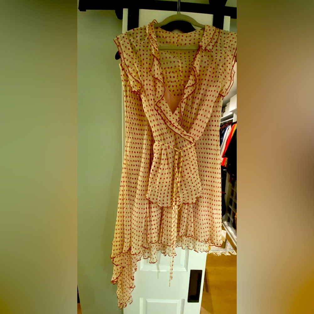 Laundry red polka dot skirt with matching wrap top and a pink satin shell